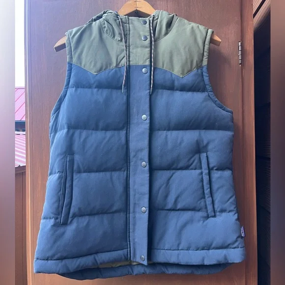 Patagonia Down Fill Puffer Hooded Bivy Vest In Navy Green Women’s M - Picture 5 of 11